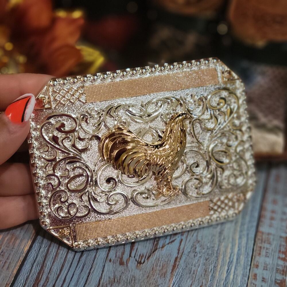 Rooster Cowboy Belt Buckle Western HebillaSilver & Rosetone 4x3.5 Inch